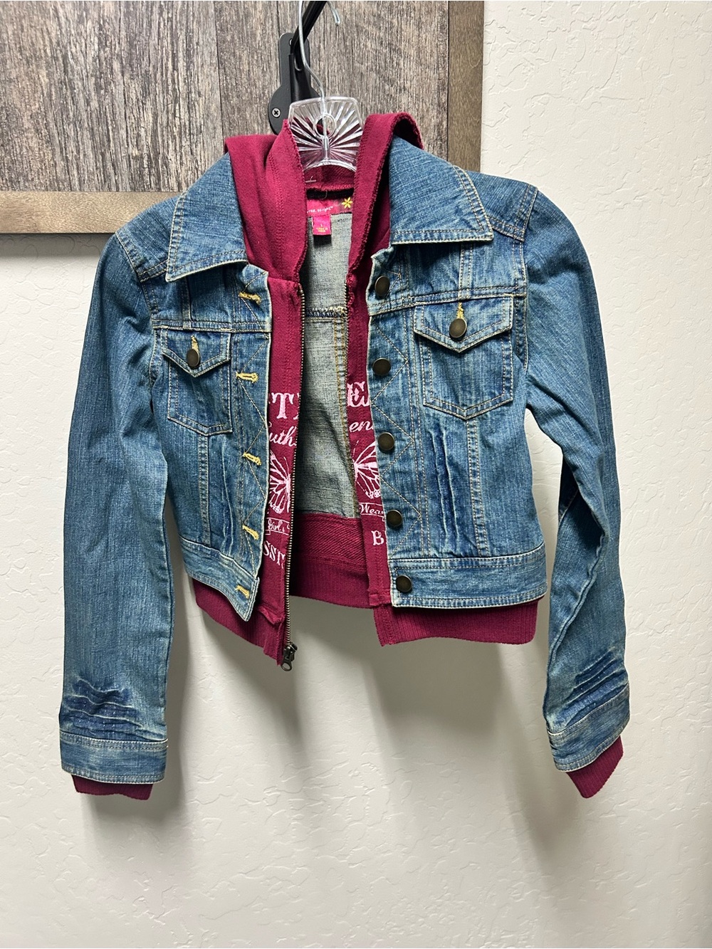 SO Kids Blue Denim Jacket with Burgundy Hooded Layer